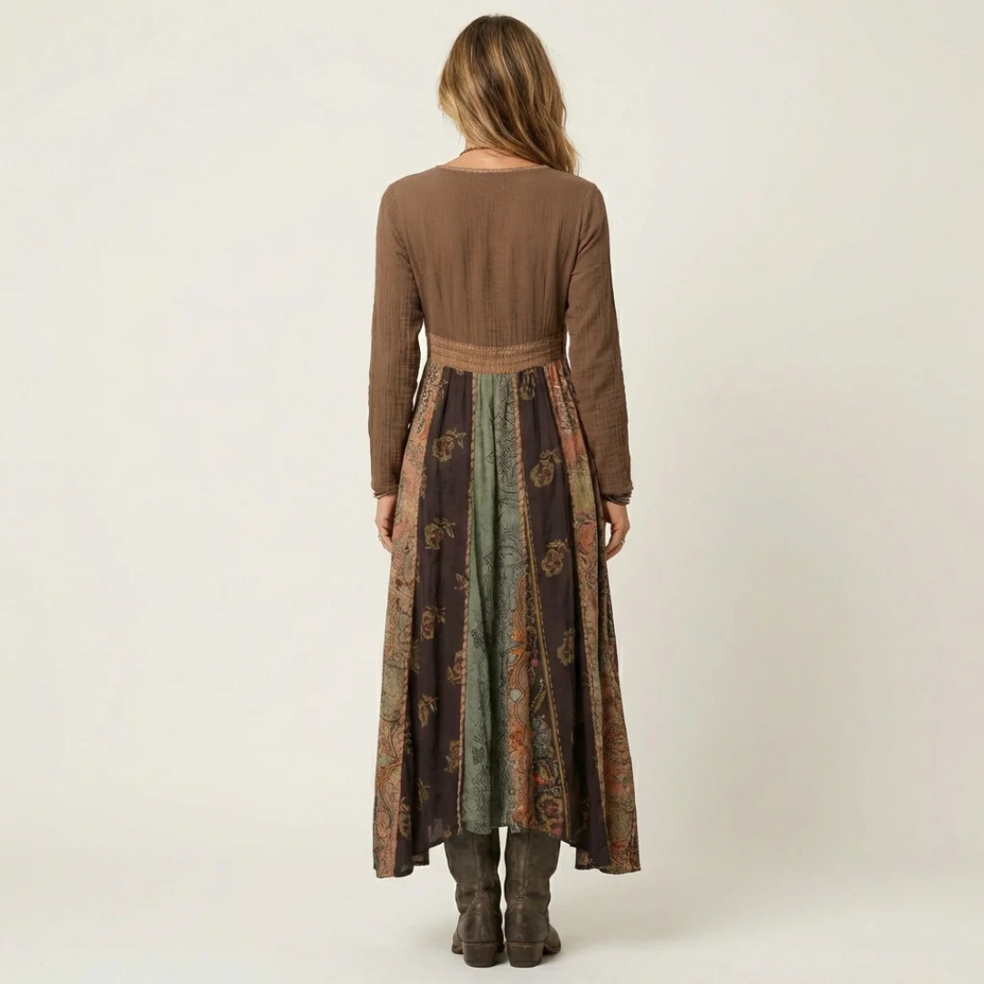 Vestido mujer escote en V manga larga midi, cintura imperio, falda con paneles patchwork, corte relajado