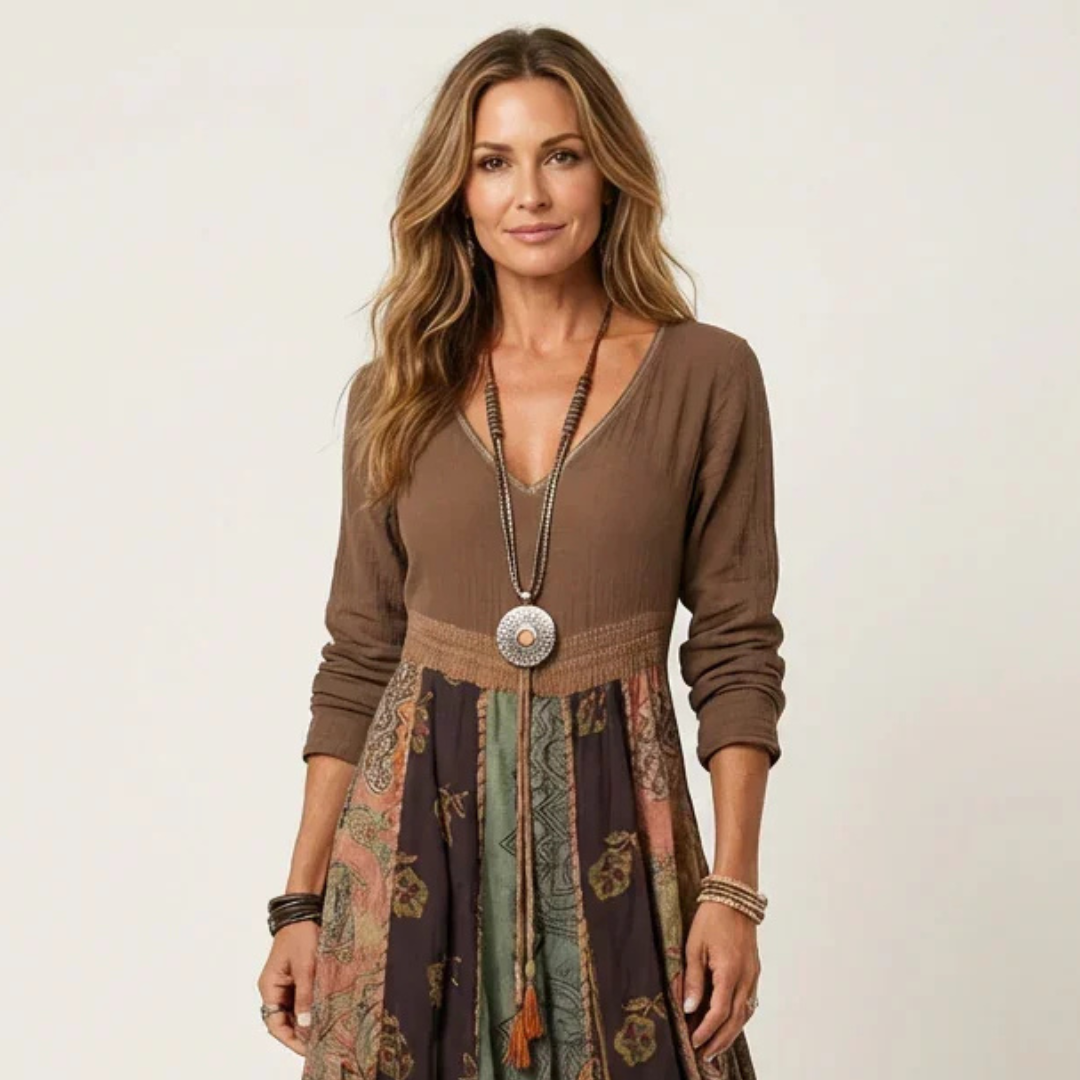 Vestido mujer escote en V manga larga midi, cintura imperio, falda con paneles patchwork, corte relajado