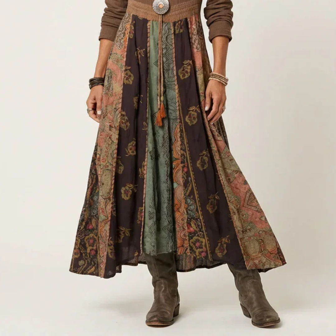 Vestido mujer escote en V manga larga midi, cintura imperio, falda con paneles patchwork, corte relajado