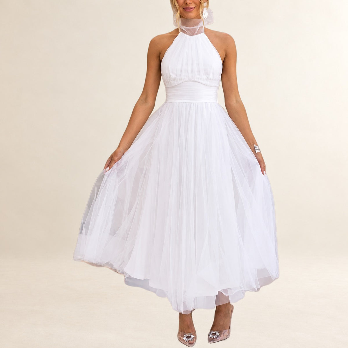 Vestido mujer halter maxi con escote ajustable y cintura fruncida, falda A-line hasta el tobillo, cremallera invisible en la espalda
