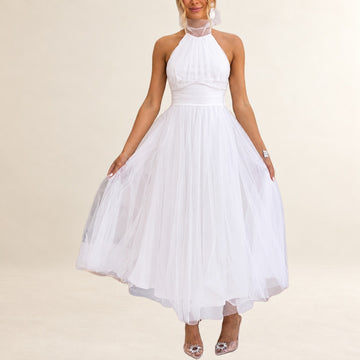 Vestido mujer halter maxi con escote ajustable y cintura fruncida, falda A-line hasta el tobillo, cremallera invisible en la espalda