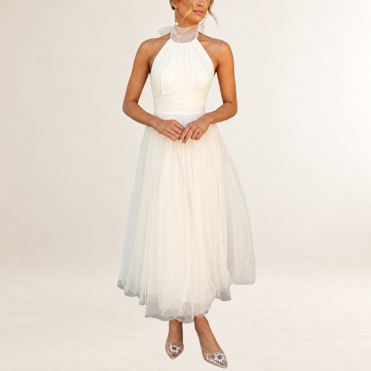 Vestido mujer halter maxi con escote ajustable y cintura fruncida, falda A-line hasta el tobillo, cremallera invisible en la espalda