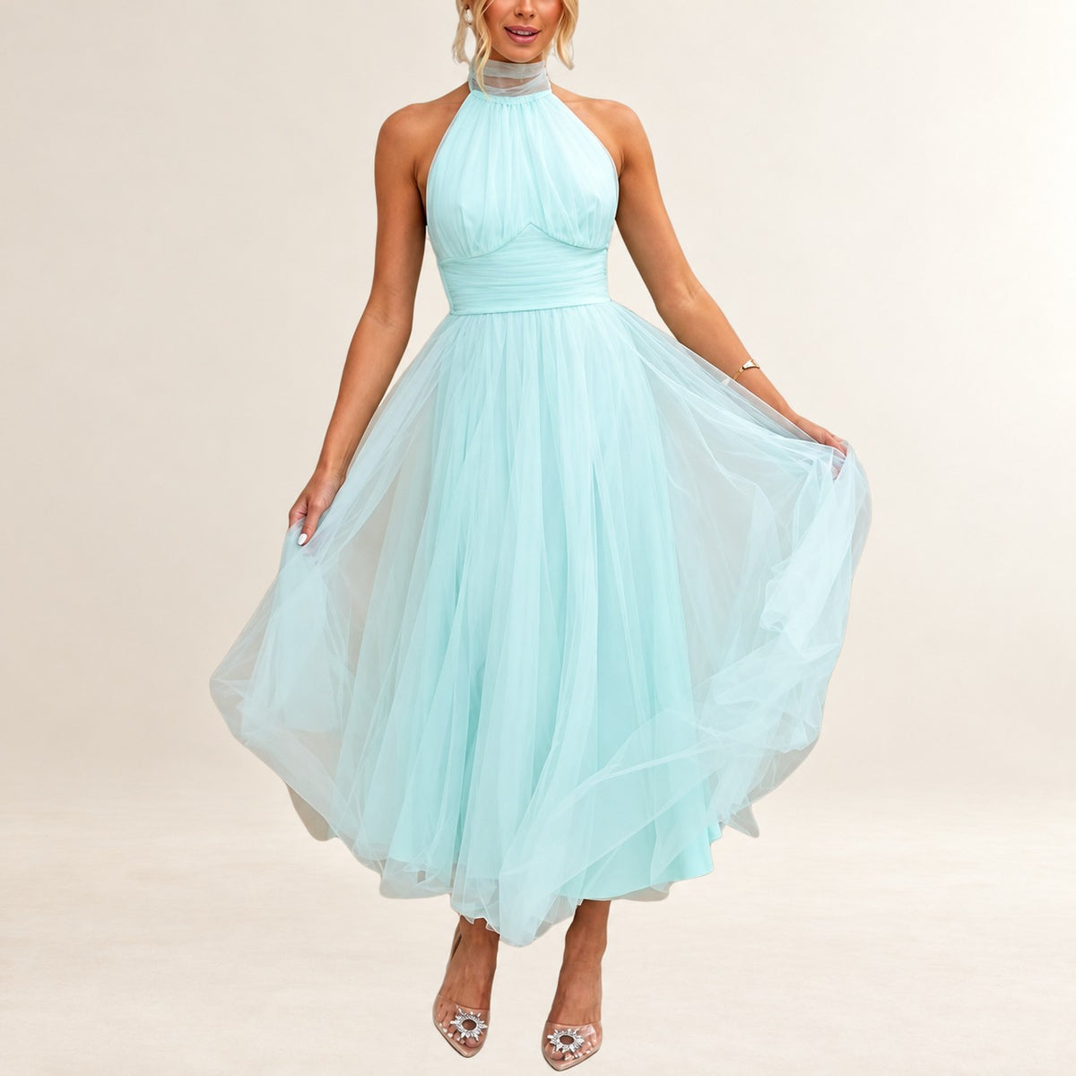 Vestido mujer halter maxi con escote ajustable y cintura fruncida, falda A-line hasta el tobillo, cremallera invisible en la espalda