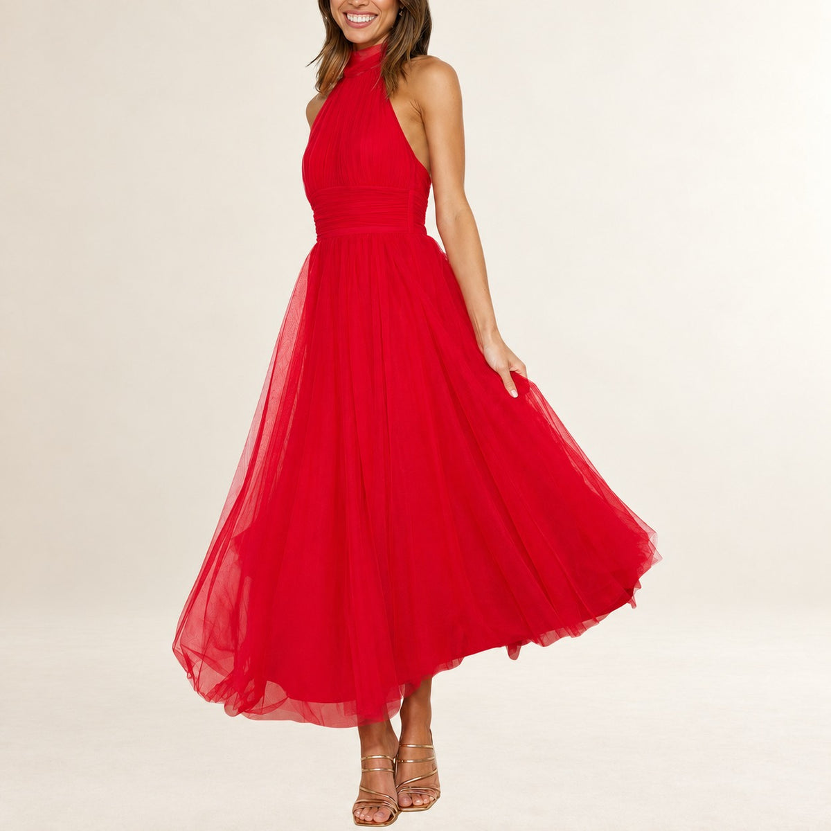 Vestido mujer halter maxi con escote ajustable y cintura fruncida, falda A-line hasta el tobillo, cremallera invisible en la espalda