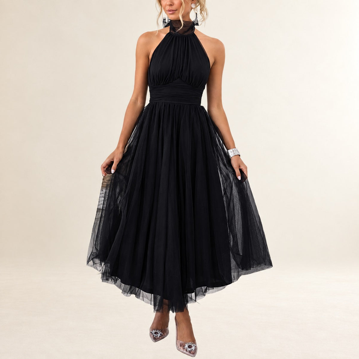 Vestido mujer halter maxi con escote ajustable y cintura fruncida, falda A-line hasta el tobillo, cremallera invisible en la espalda