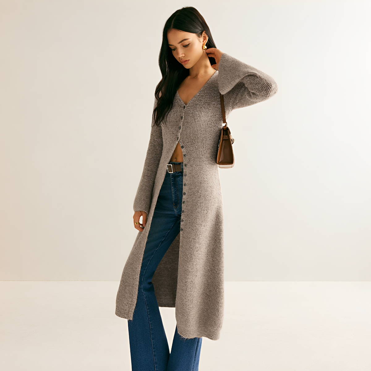 Vestido suéter para mujer con cuello en V y botones delanteros, estilo cárdigan largo - Corte relajado