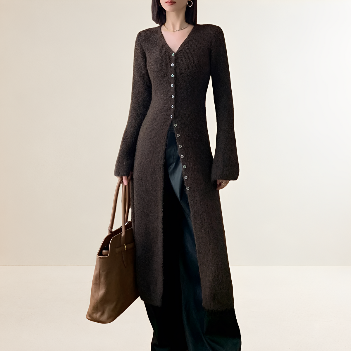 Vestido suéter para mujer con cuello en V y botones delanteros, estilo cárdigan largo - Corte relajado