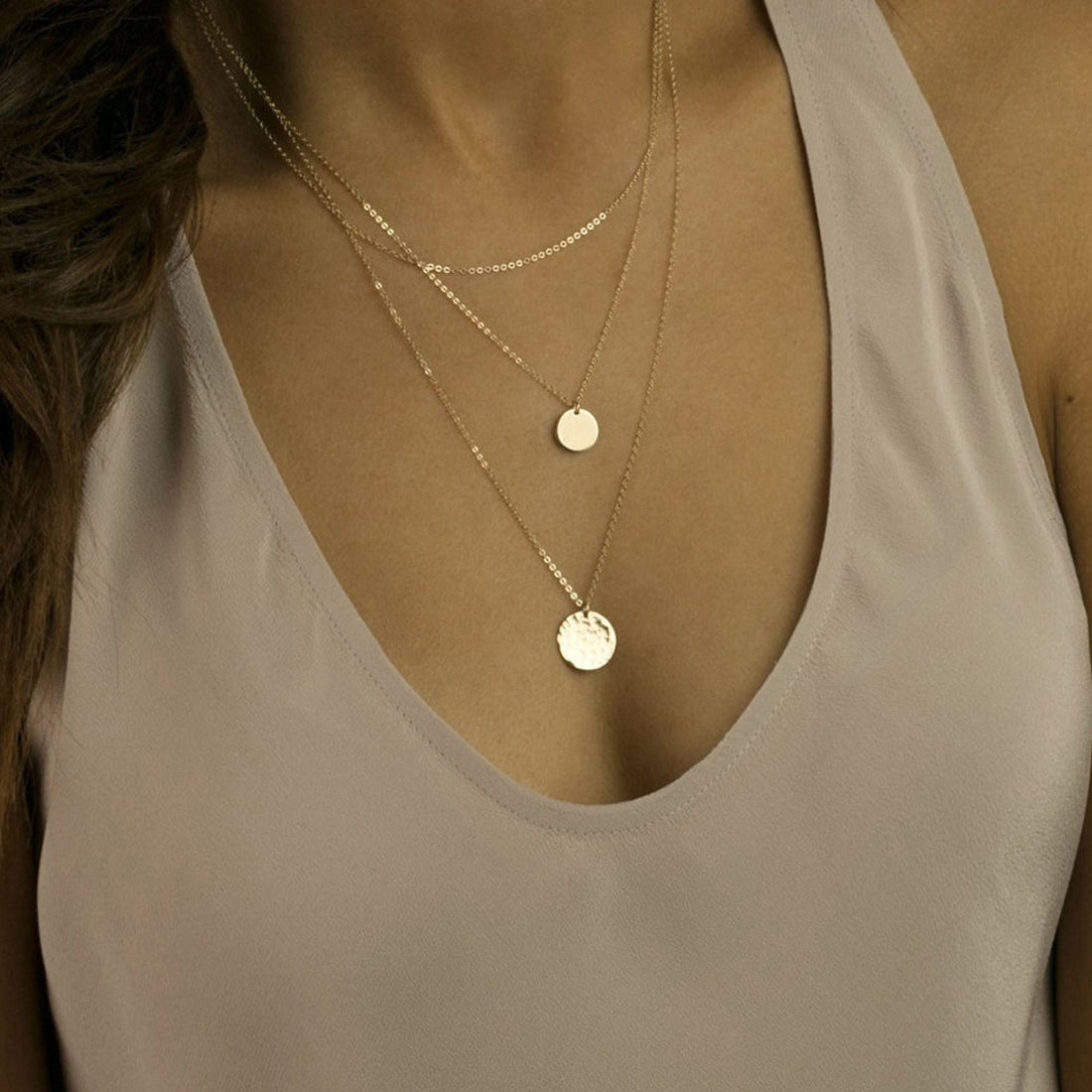 Conjunto de Colgante Redondo - Collar de 3 Capas de Discos
