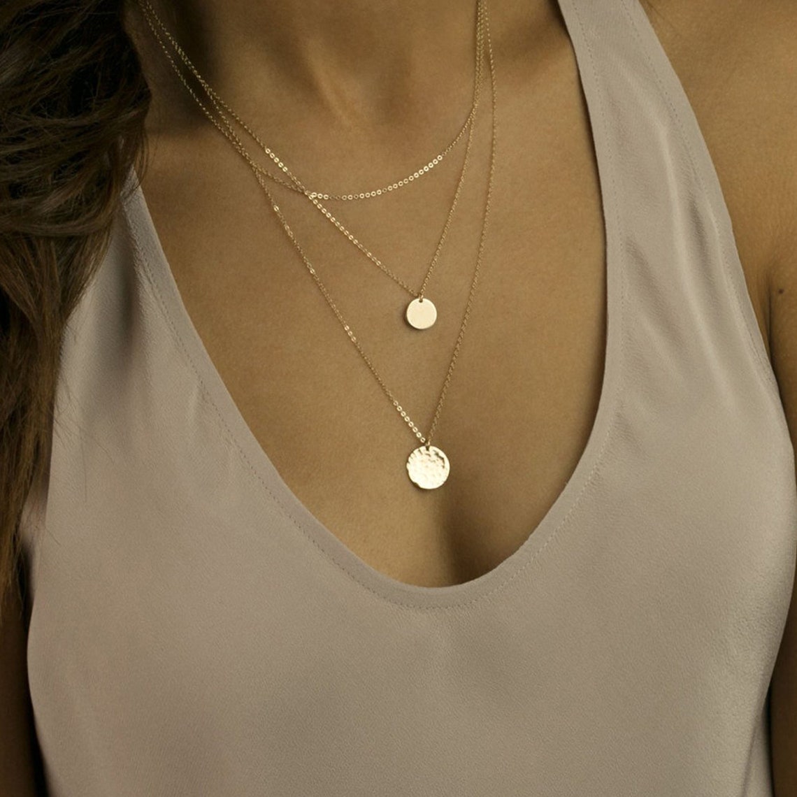 Conjunto de Colgante Redondo - Collar de 3 Capas de Discos