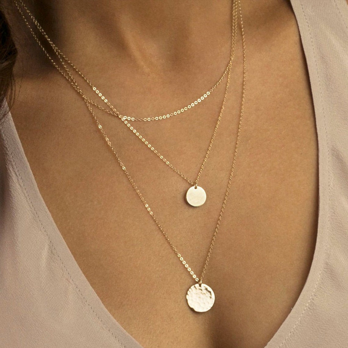 Conjunto de Colgante Redondo - Collar de 3 Capas de Discos