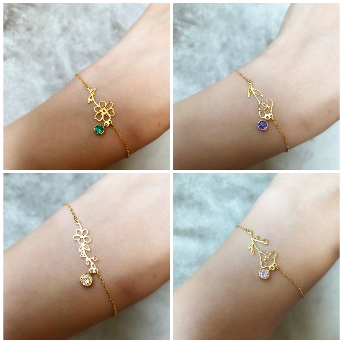 Pulsera de flores de nacimiento - Pulsera de piedra de nacimiento