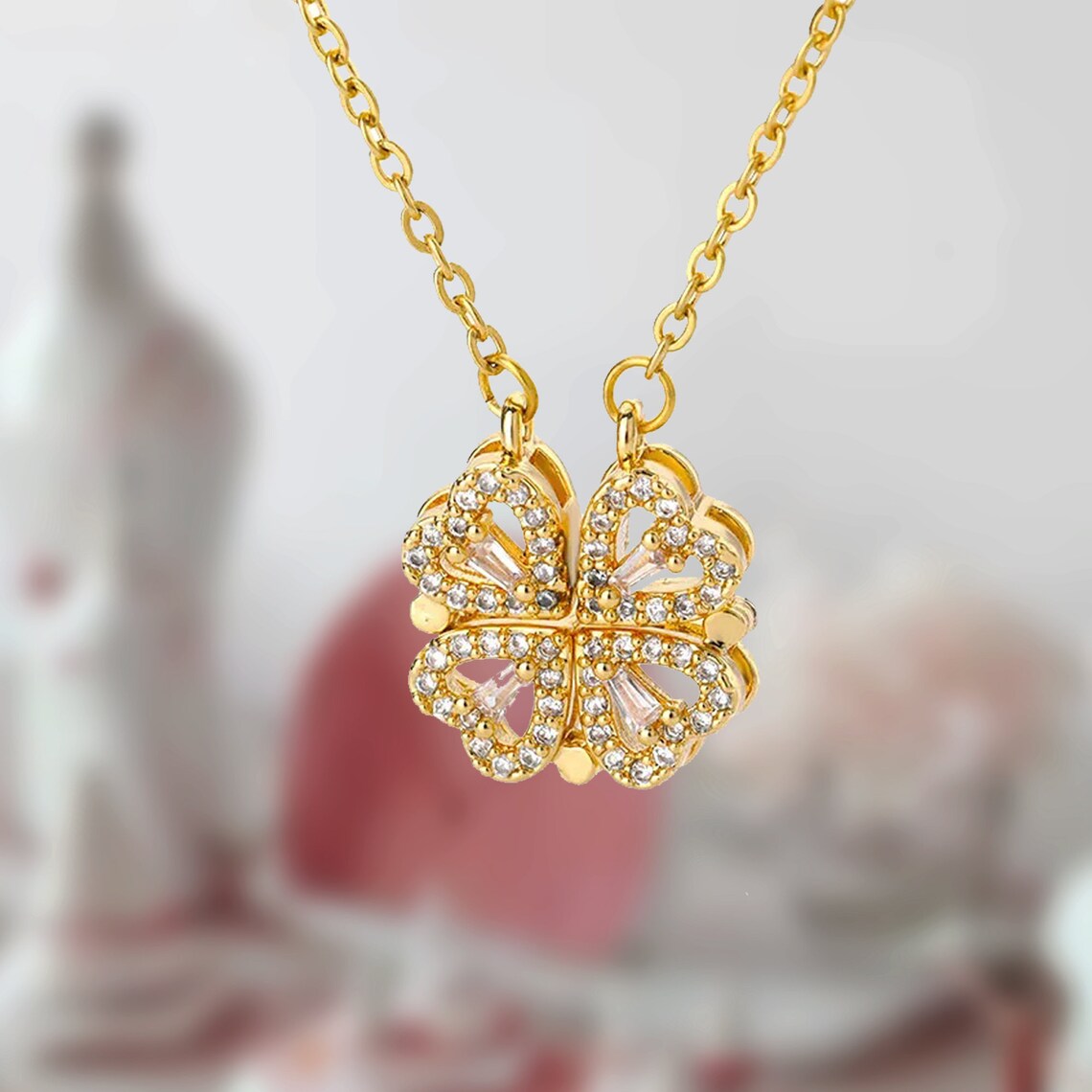 Collar de trébol de cuatro hojas - Collar magnético con corazón