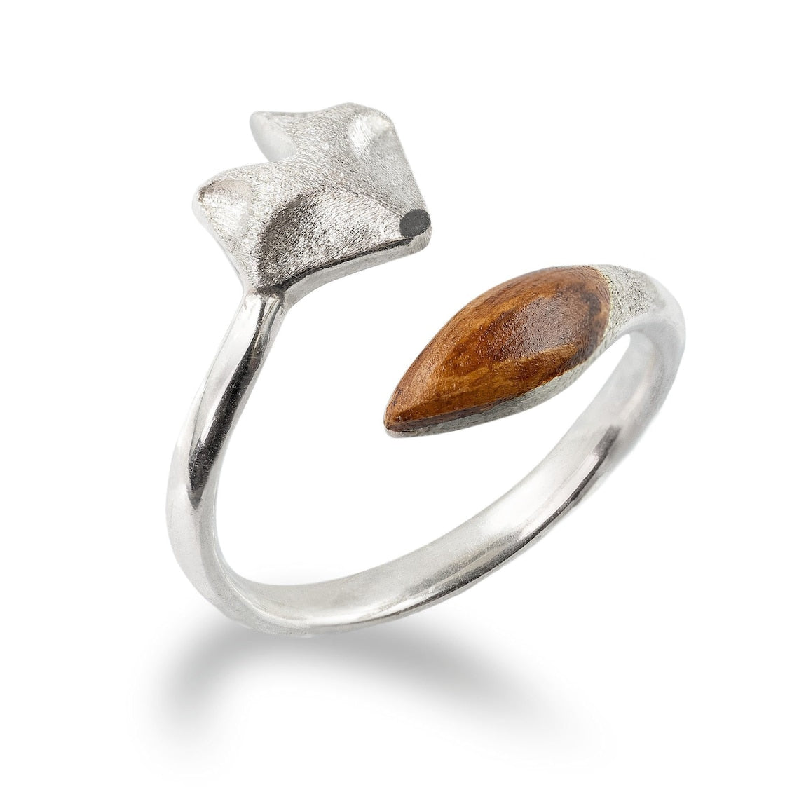 Anillo ajustable de madera - Anillo de cara de zorro plateado