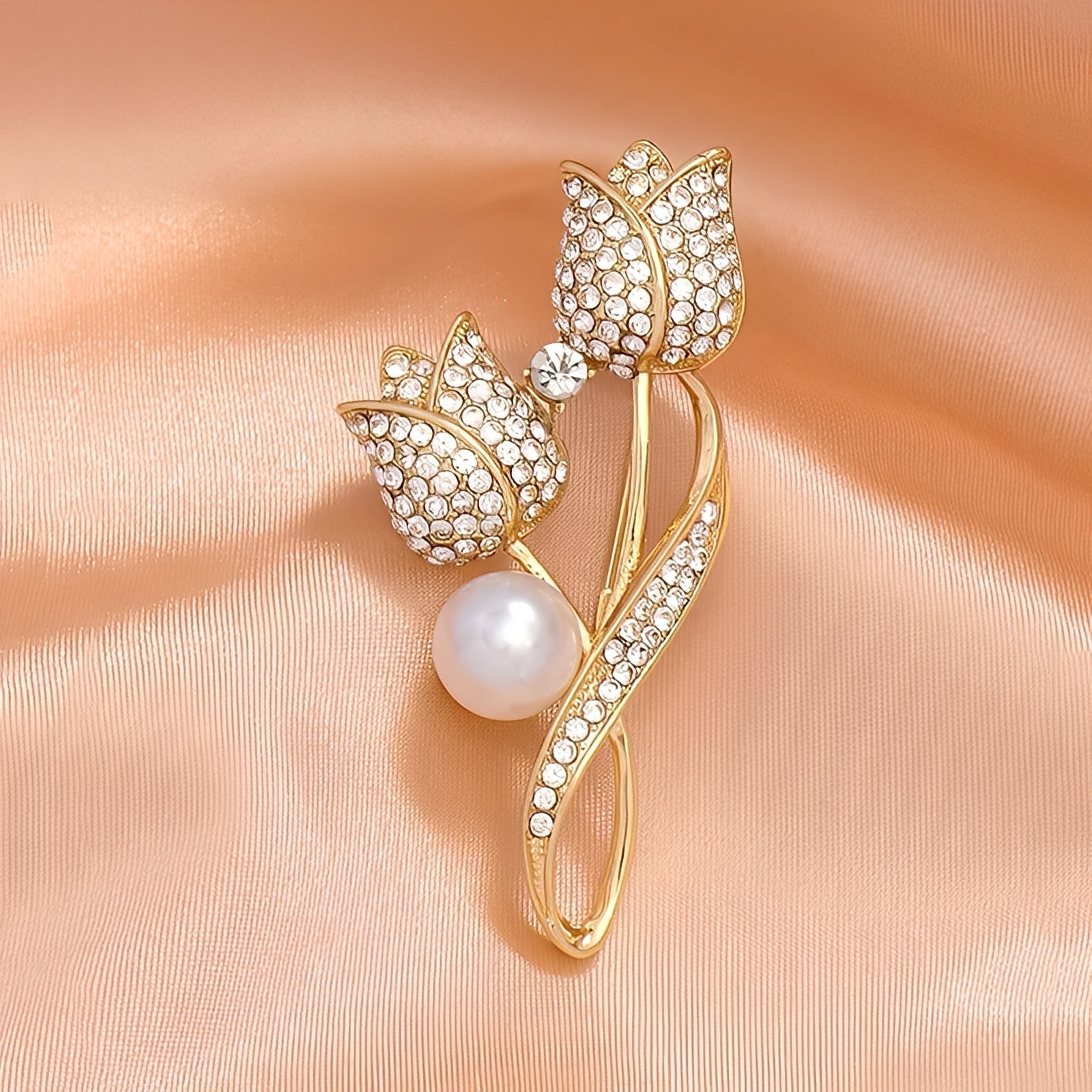 Jackie – Broche de tulipán dorado con circonio y perla, oro