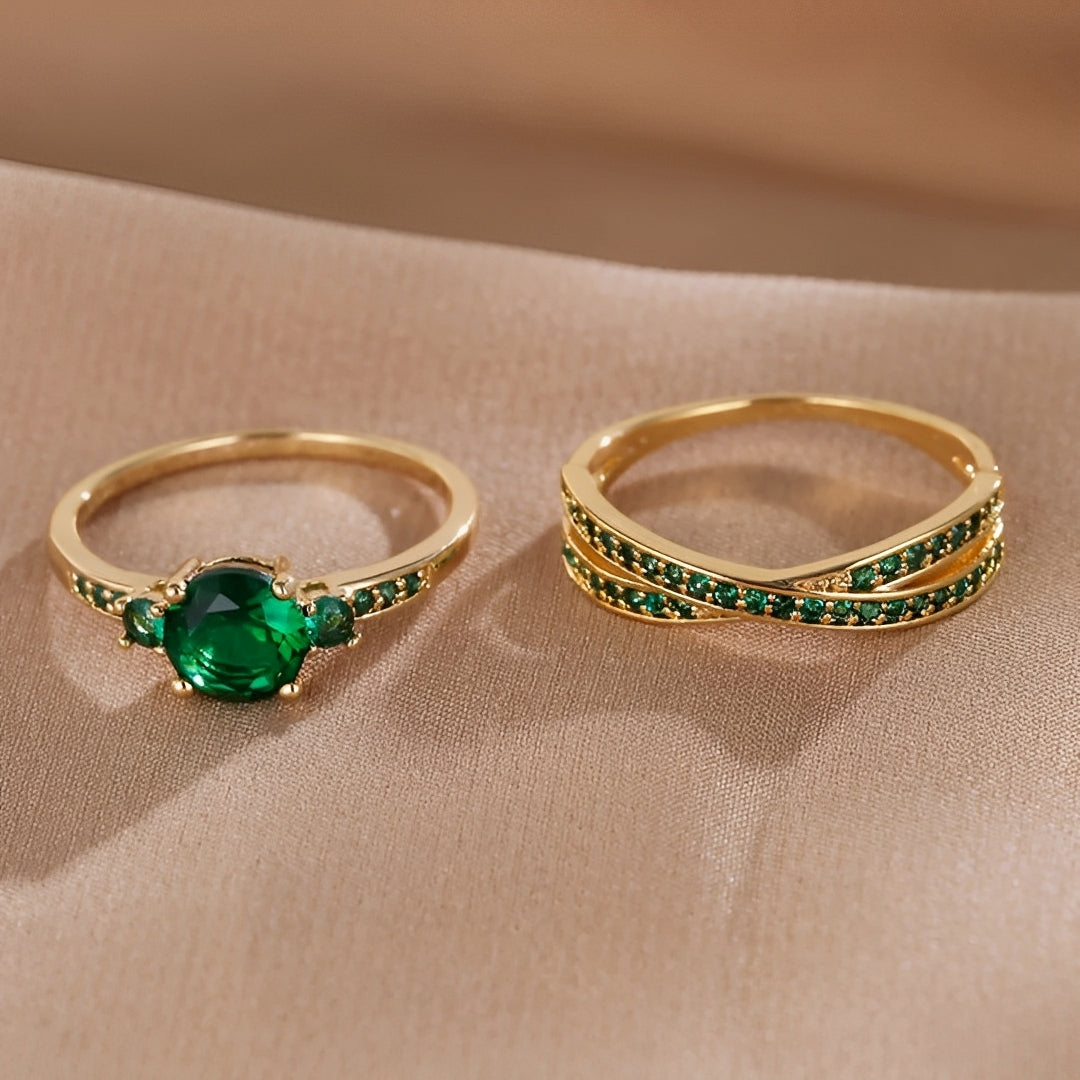 Ivy – Conjunto de Anillos con Cristales Verdes