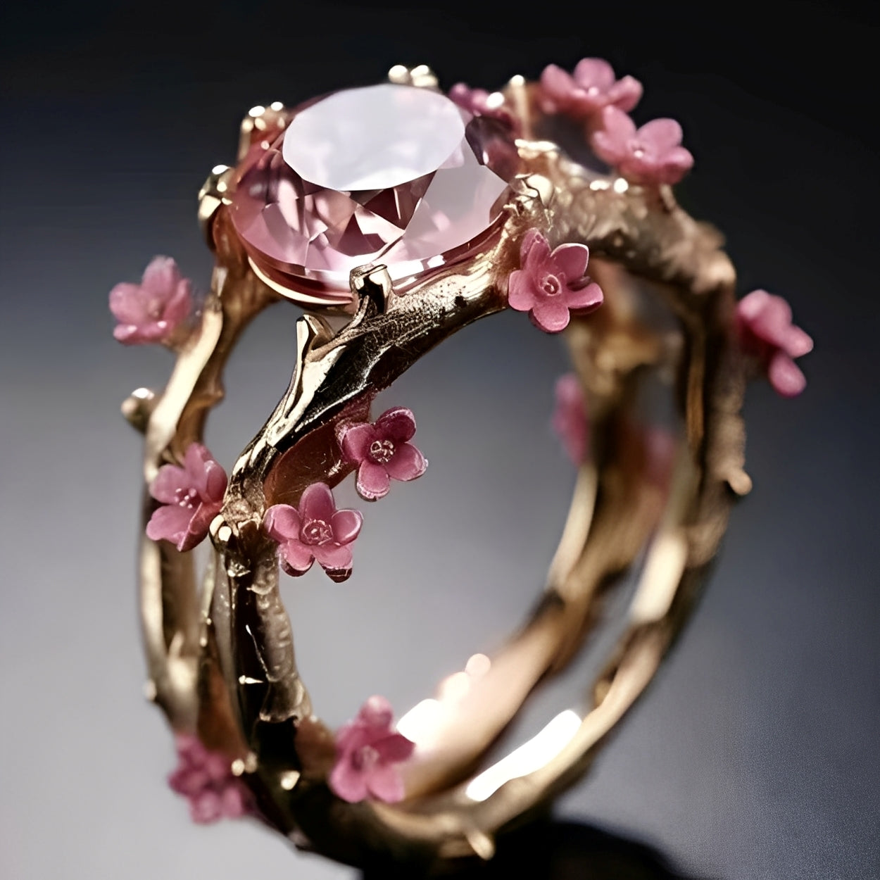 Elina – Anillo dorado encantado con cristal rosa y flores