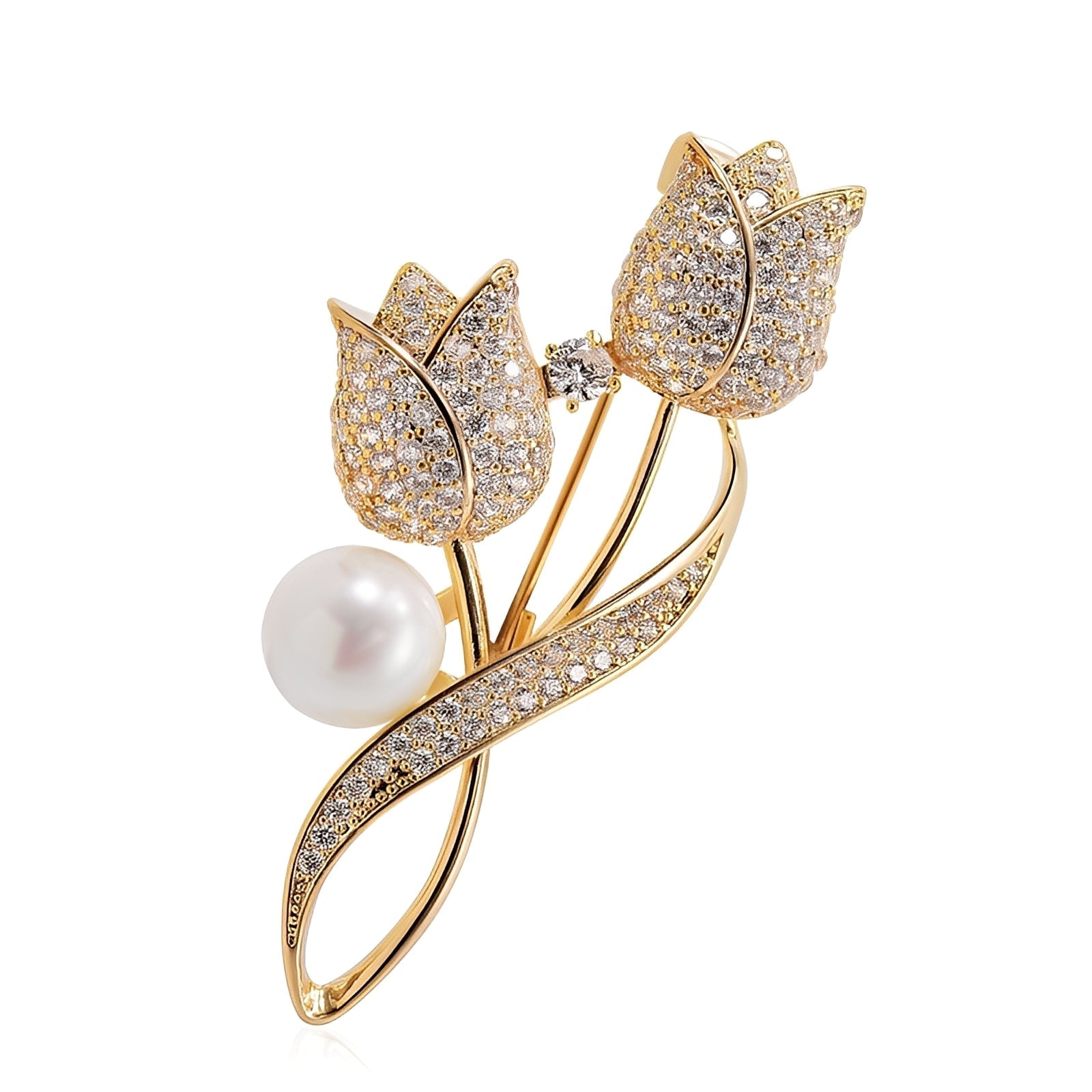 Jackie – Broche de tulipán dorado con circonio y perla, oro