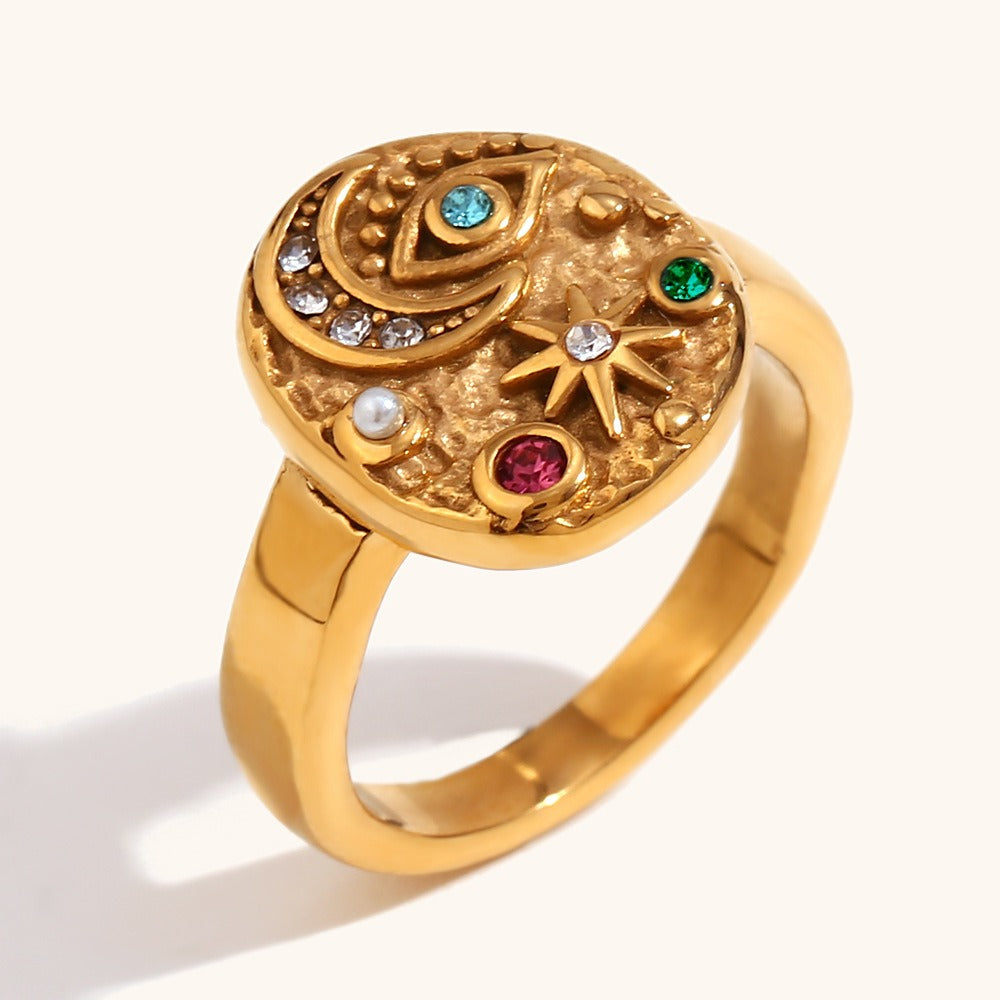 Solenya – Anillo cristal oro con motivo sol-luna