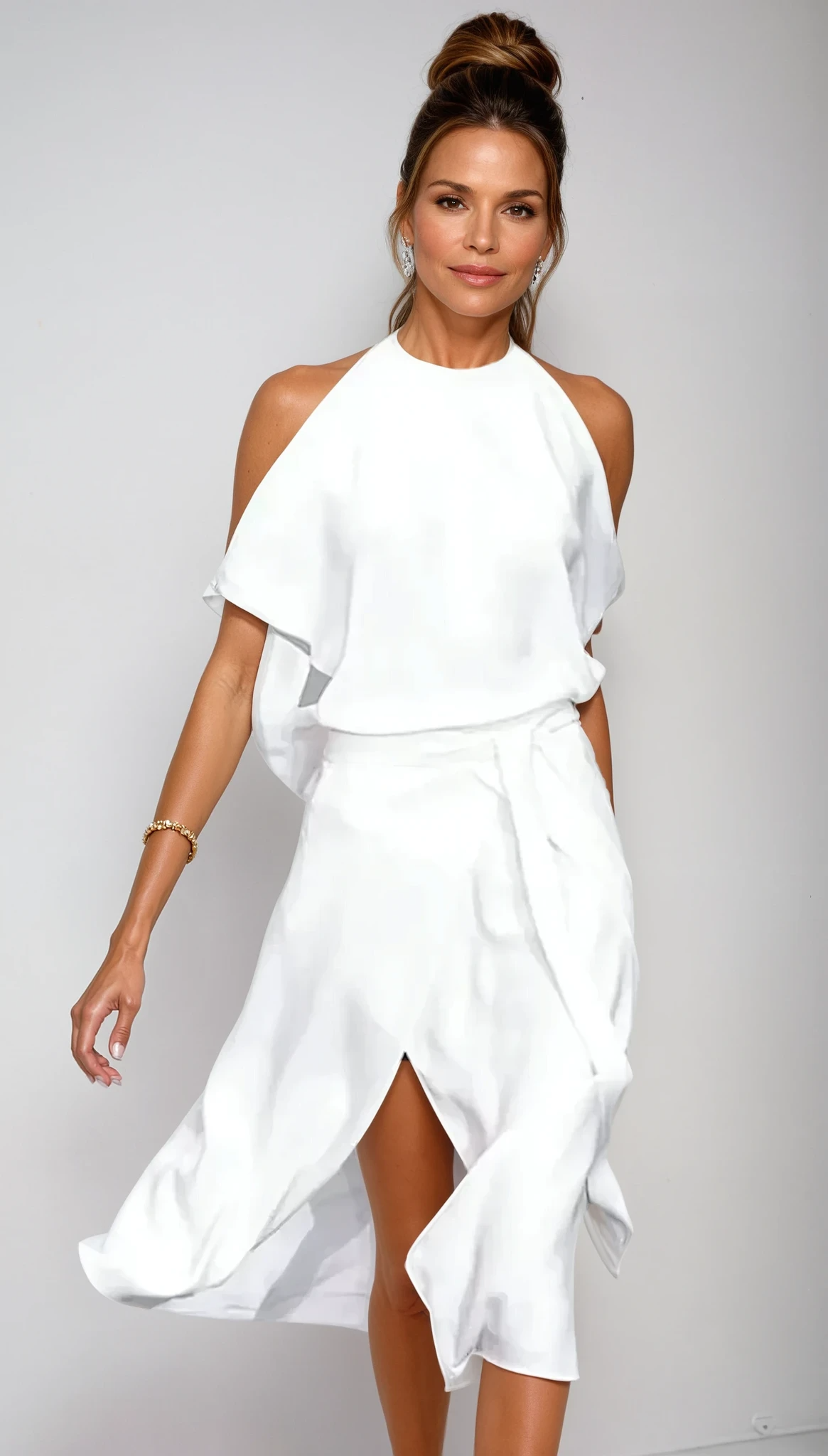 Celestine – Vestido Midi Hombros Descubiertos con Dobladillo Asimétrico