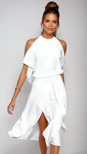 Celestine – Vestido Midi Hombros Descubiertos con Dobladillo Asimétrico