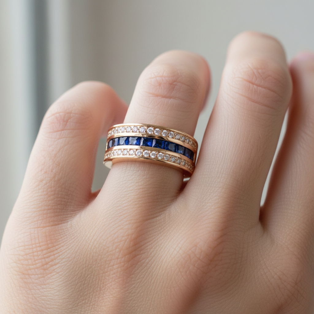 Ronan – Anillo de hombre cuadrado con cristales y zafiro dorado
