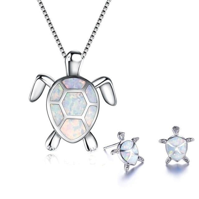 Kailea – Set de joyas de tortuga de ópalo y plata (collar + pendientes)