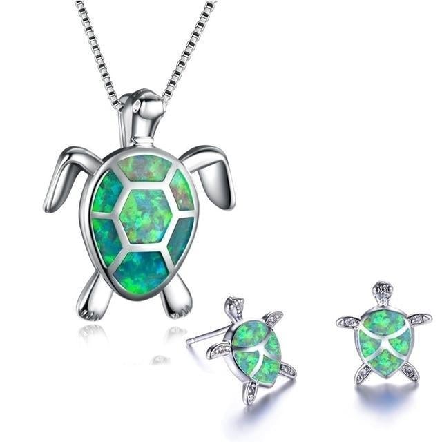 Kailea – Set de joyas de tortuga de ópalo y plata (collar + pendientes)