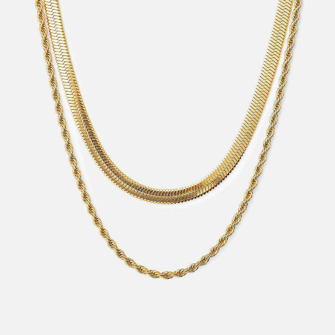 Tiana – Cadena trenzada & cadena de serpiente plana chapada en oro de 18K