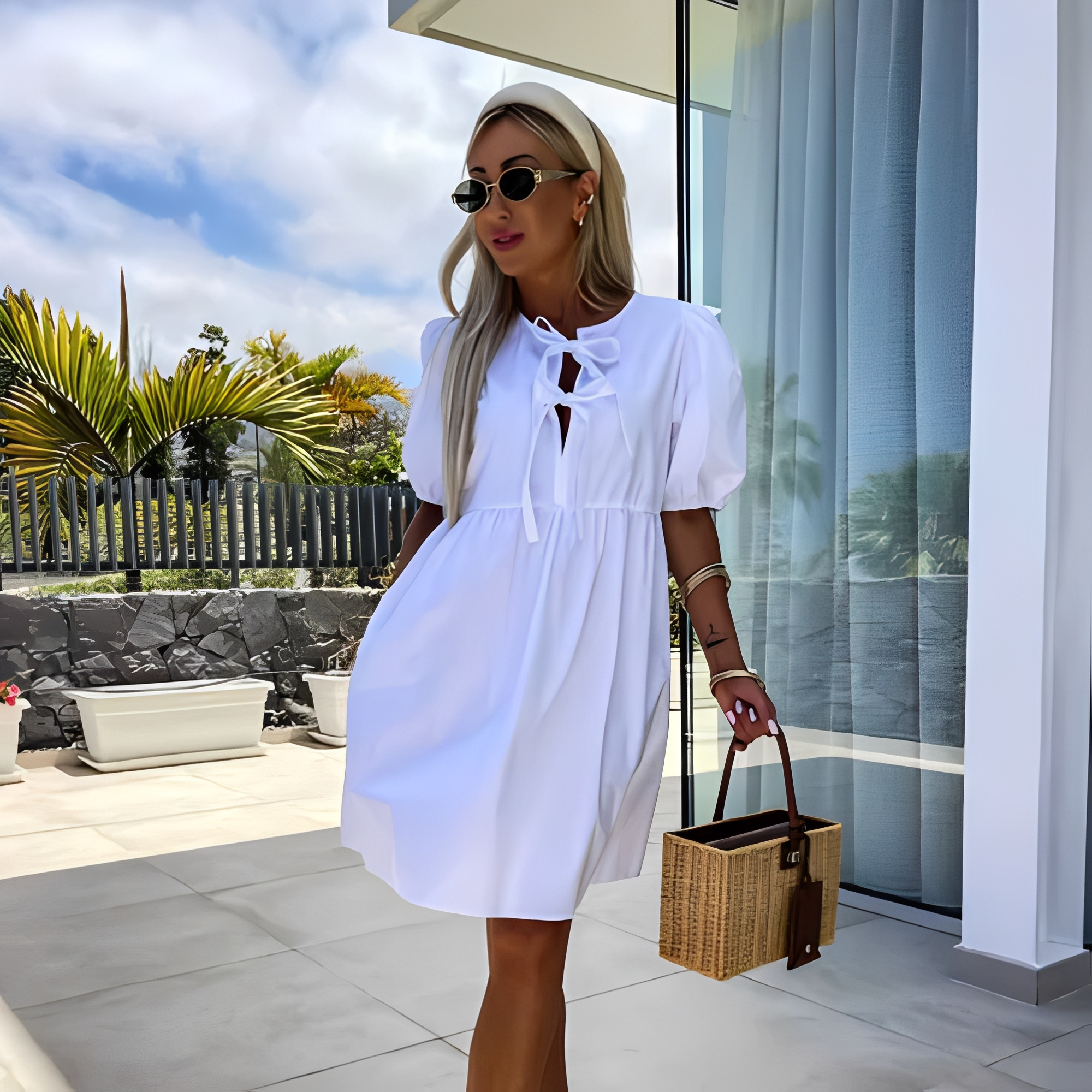 Eunice - Vestido de verano sofisticado con mangas voluminosas para mujer